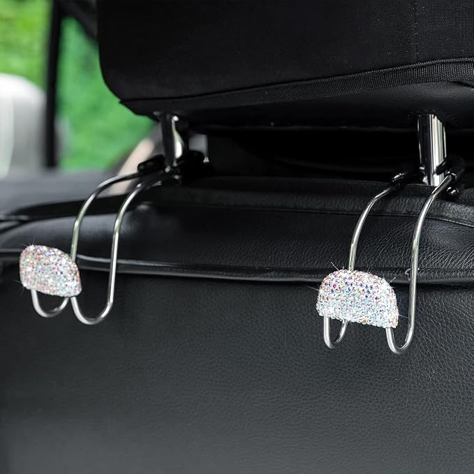 Car Headrest Hook, 2 Pack Bling Backseat Organizer Hanger for Purse Clothes Grocery Bag, Rhinestones Auto Headrest Storage Holder, Universal Car Seat Accessories for Most Vehicle (AB)