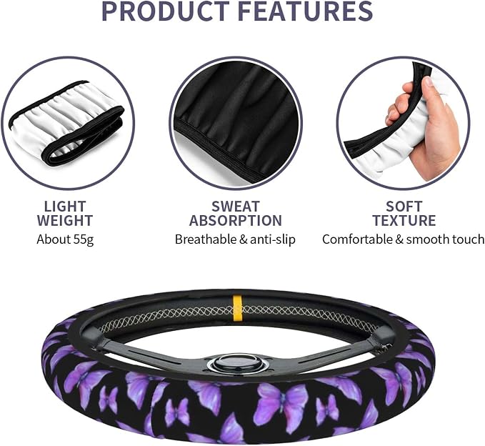 Butterfly Purple Steering Wheel Cover +2Pc Car Coasters Universal 15In | Beauty Butterfly Breathable Anti-Slip Car Suitable for Men Women