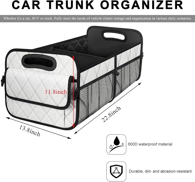 Car Trunk Organizer, Collapsible Auto Storage Box with Multi Pockets, Waterproof Oxford Cargo Organizer with Reinforced Handles, Universal Car Accessories for Men Women (White)