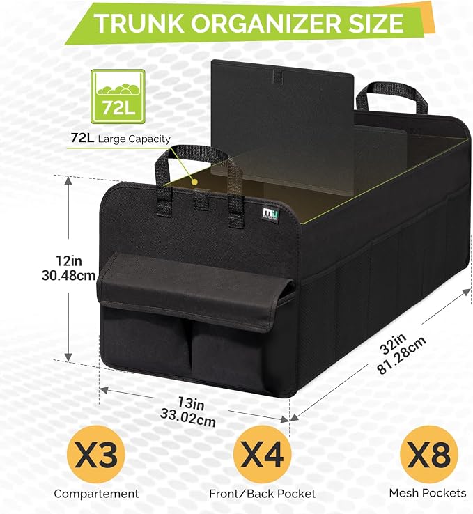 Trunk Organizer for SUV, Collapsible Car Organizer, 12 Pockets Trunk Organizer for Car, Non-Slip Trunk Storage Organizer for Sedans, Van, Grocery, Large 3 Compartments 32"×13"×12"