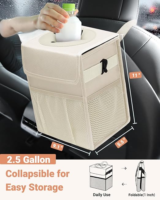 Car Trash Can with Lid, Leakproof Car Trash Bag Hanging Waterproof Automotive Garbage Can with Storage Pockets Mini Vehicle Trash Bin for Back/Front Seat(Beige,2.5 Gallon)