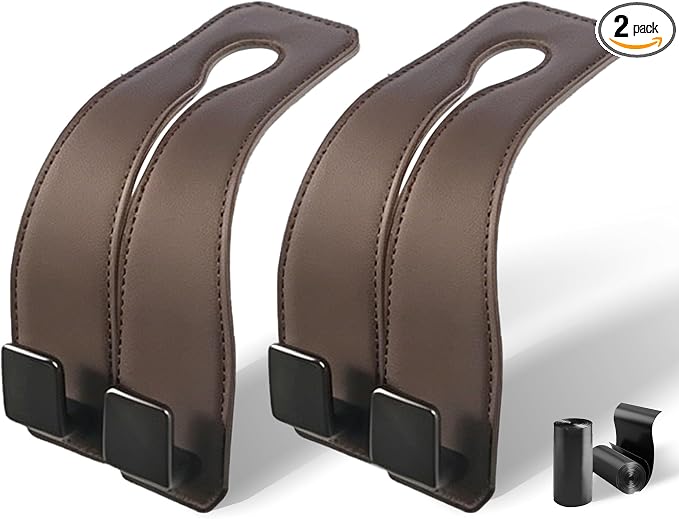 Leather Headrest Hooks for Car, 2 Pack Premium Car Seat Back Storage Hooks with Double Metal Hangers for Purses, Handbags, Groceries and Backpacks, Universal Heavy Duty Car Purse Holder Accessories