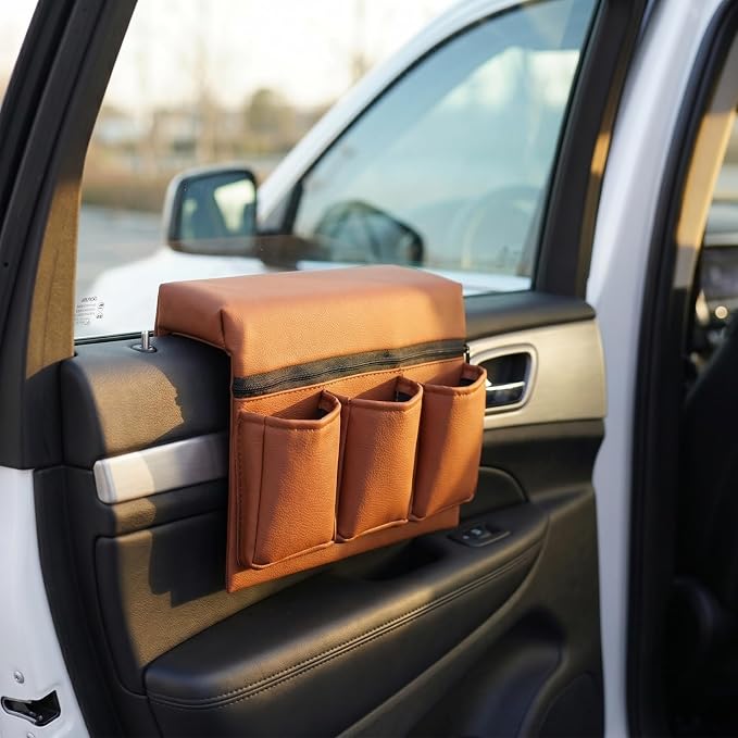 Car Window Armrest Storage Box: Leather Window Side Bag Organizer with Cushion Pocket Universal Front Car Door Armrest Pad Accessory for Vehicle Truck Console Elbow Support Brown