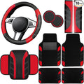 10 Pcs Car Floor Mats Full Set & Sport Leather Steering Wheel Cover 14.5-15 inch, Center Console Cover, Seat Belt Cushion, Cup Holder Coaster, Universal Automobile Interior Sets (Red)