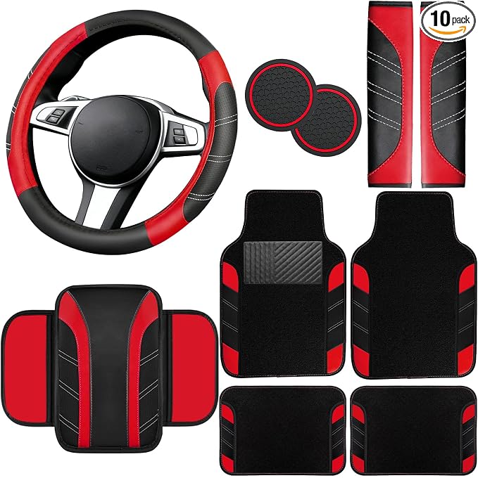 10 Pcs Car Floor Mats Full Set & Sport Leather Steering Wheel Cover 14.5-15 inch, Center Console Cover, Seat Belt Cushion, Cup Holder Coaster, Universal Automobile Interior Sets (Red)