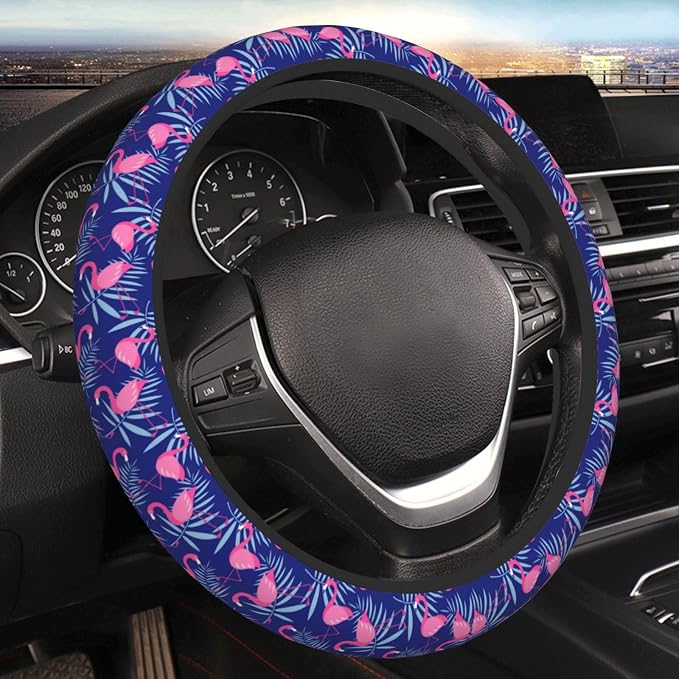 Flamingo Car Steering Wheel Cover Anti-Slip and Practical 14.5-15 Inch Universal Purple car Accessories with 2 Pieces Car Coasters Suitable for Men Women