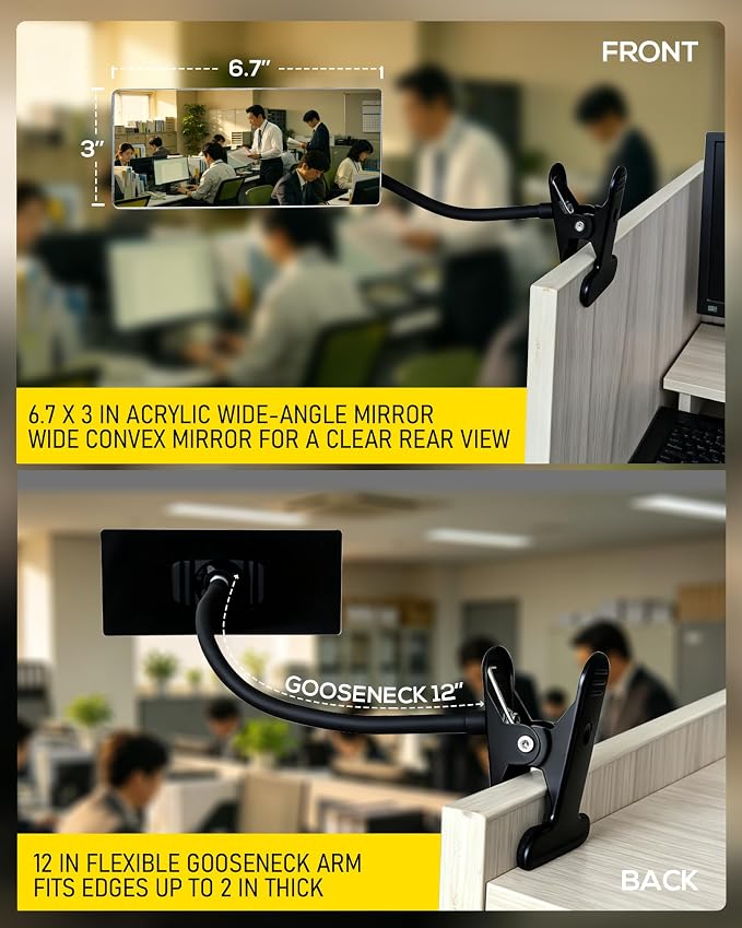 Clip On Cubicle Mirror to See Behind You at Computer Desk | 6.7 x 3 in acrylic convex rear view mirror for monitor, laptops, PC screens, office, reception and open office workspaces