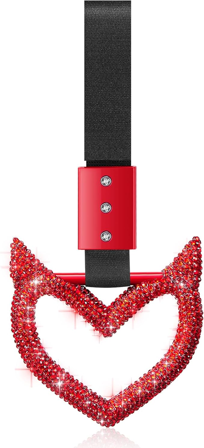 Bling Car Accessories Bling Heart Handle Ring Car Accessory for Women Heart Hand Strap Drift Charm Rear Bumper Warning Ring Decor for Auto Bus Interior Exterior Decoration (Red, Devil Style)