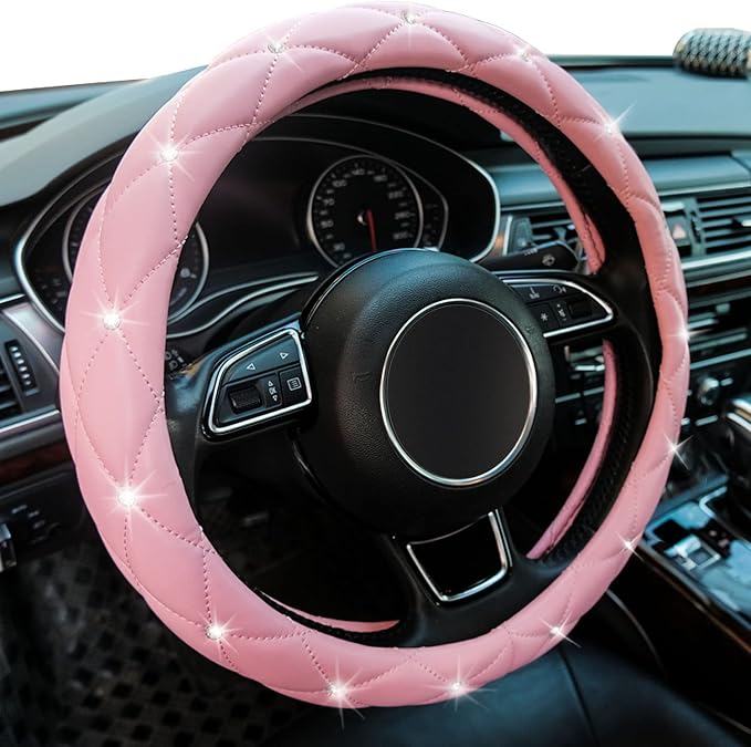 Pink Steering Wheel Cover, Diamond Leather Bling Steering Wheel Cover, Anti-Slip Steering Wheel Protector with Crystal Rhinestones for Women and Girl Fit 14.5-15 inch