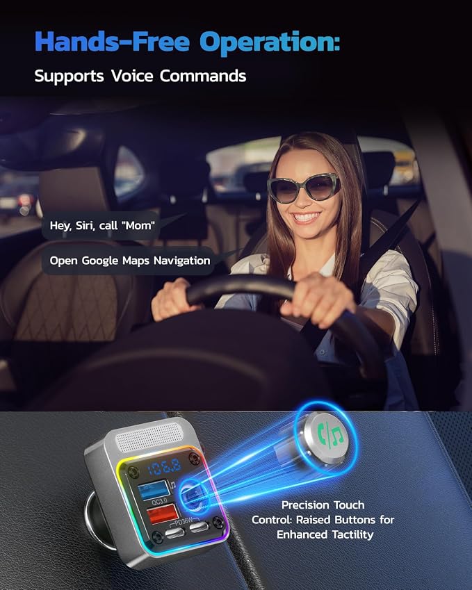 54W Bluetooth 5.3 Car Adapter with 4 Charging Ports [PD 36W & QC3.0 18W], Wireless Radio FM Transmitter with Deep Bass Player & 5 Colors LED Backlit, Hands-Free Calling - Silver