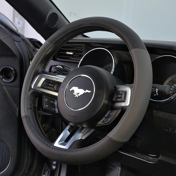 Sporty Two Tone Ergonomic Grip Steering Wheel Cover - Plush Leather Grip for Standard Size Wheels 14.5-15 inch Gray/Black