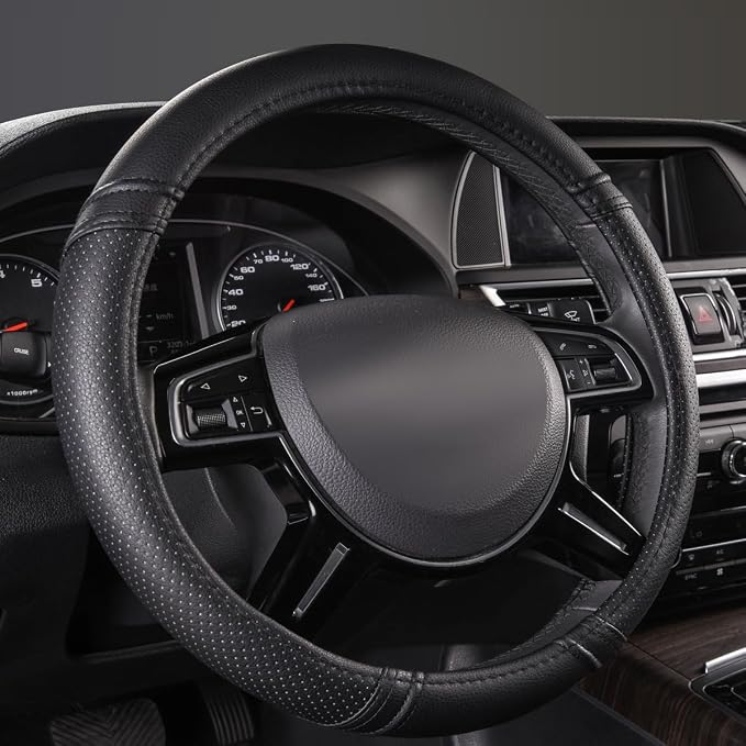 Classical Leather Automotive Universal Steering Wheel Covers,Universal Fit for Suvs,Trucks,Sedans,Cars,Vans,14.5-15inch Anti-Slip Safety Comfortable Desgin(Black)