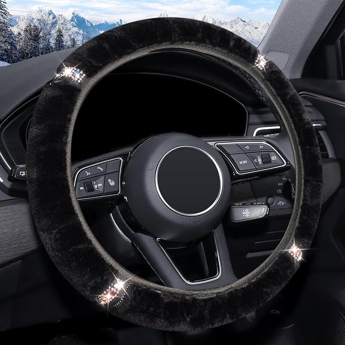 Plush Steering Wheel Cover with Bling Bling Crystal Rhinestone, Universal 15 Inch Softy Fluffy Steering Wheel Cover for Women Girls, Anti-Slip, Winter Warm, Black