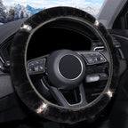 Plush Steering Wheel Cover with Bling Bling Crystal Rhinestone, Universal 15 Inch Softy Fluffy Steering Wheel Cover for Women Girls, Anti-Slip, Winter Warm, Black