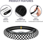 Checkered Steering Wheel Cover Black White + 2 Checkered Car Coasters Set | Anti-Slip Neoprene, Breathable, Universal Fit 14-15 Inch, Car Interior Accessories Gift for Men Women