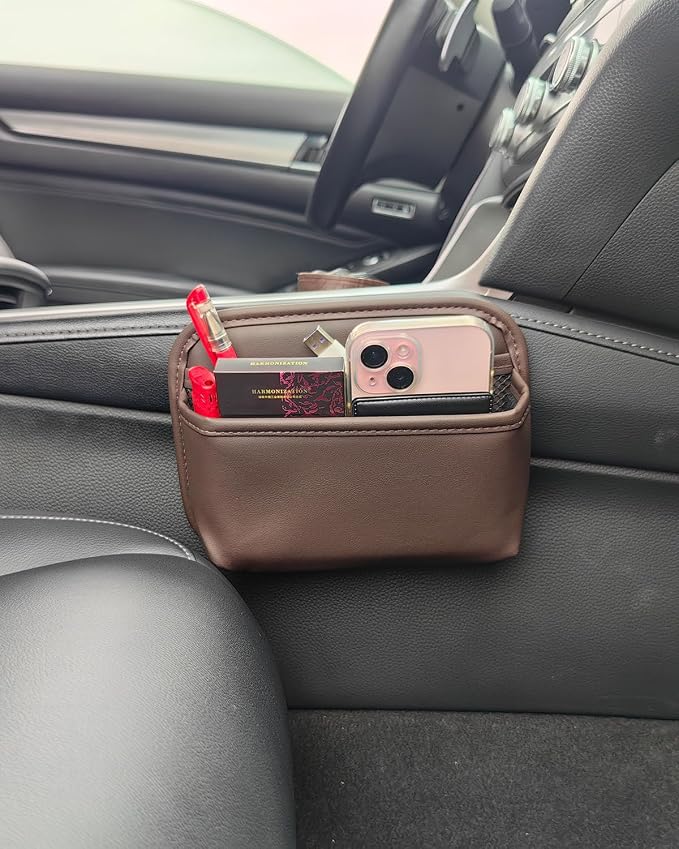 Driver's Car Storage Bag, Small Car Side Pocket Organizer for Car Seats, Doors and Consoles, PU Leather (Brown)