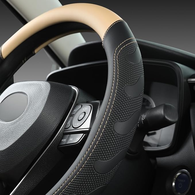 Car Steering Wheel Cover for Toyota RAV4,Camry,Highlander,Corolla,Prius,Tacoma,Standard Size - Black+Beige