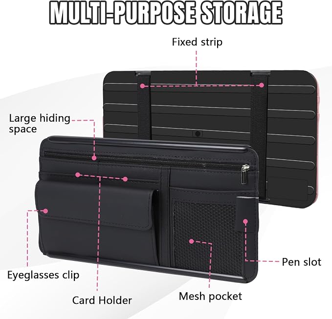 Car Visor Organizer, Leather Multi-Pocket Auto Sun Visor Storage Pouch with Sunglasses Holder, Card Holder, Zipper Pocket, Net Pocket, Pen Slot, Universal Interior Car Accessories (Black)