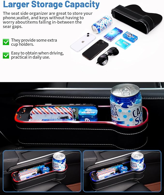 LED Car Seat Gap Filler Organizer Console Side Storage Box Between Seats with Cup Holders RGB Color Changing Storage Front Seat Gap Filler with USB Charging Car Interior Accessories (2 Pack)