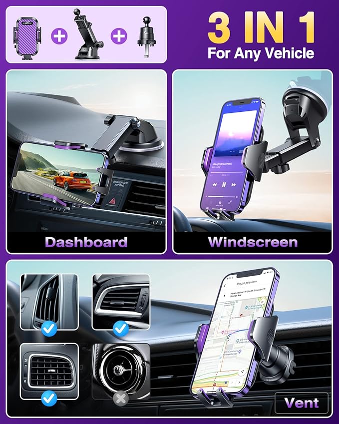 Phone Holders for Your Car 2026 Ultimate Phone Mount Military-Grade Windshield Dashboard Vent【Newest Best Strongest】 Cell Phone Car Mount for iPhone 16 Pro Max 15 Samsung Android,Purple