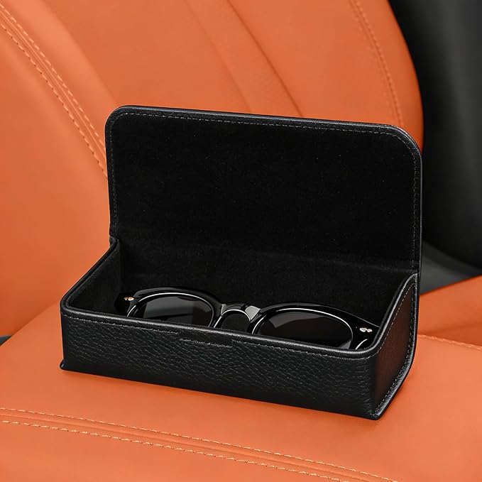 Car Sunglasses Holder, Large Capacity Universal Fit Adhesive Mount Eyewear Case with Magnetic Closure Glasses Protective Storage Box for Man Women Beige