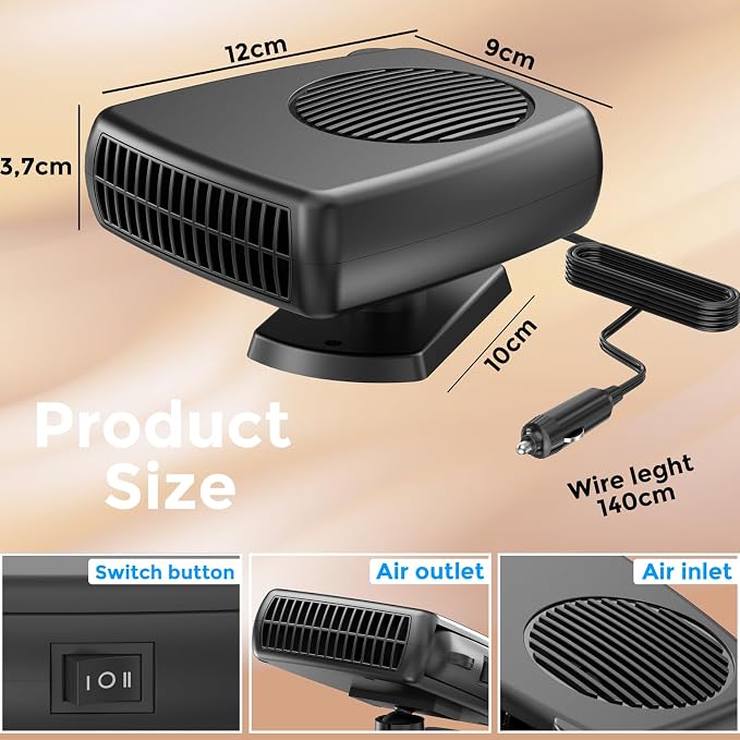 200W Portable Car Heater, 12 Volt Heaters for Cars, Auto Vehicle Windshield Defogger Defroster,2 in 1 Fast Heating & Cooling, Auto Ceramic Heaters Fan 360 Degree Rotary Defroster Defogger