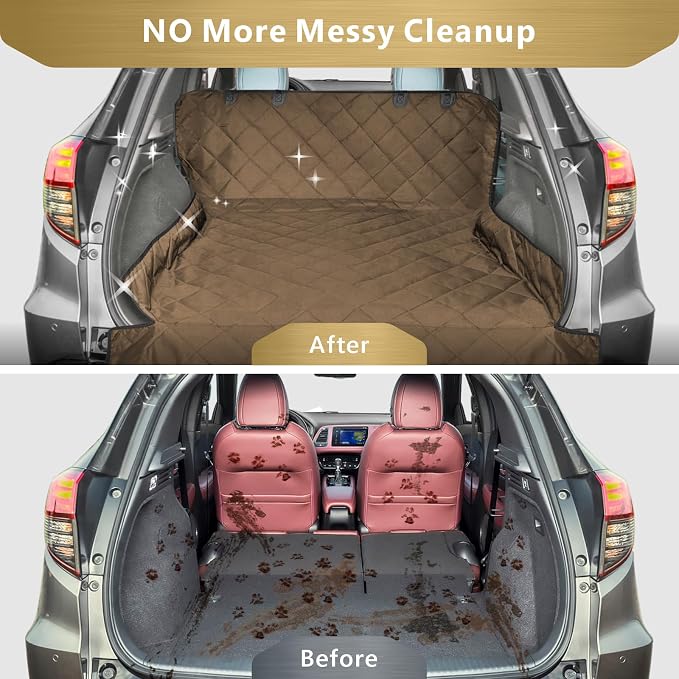 SUV Cargo Liner for Dogs, Water Resistant Pet Cargo Cover Dog Seat Cover Mat for SUVs Sedans Vans with Bumper Flap Protector, Non-Slip, Large Size Universal Fit, Brown