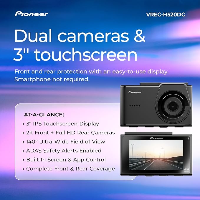 VREC-H520DC Dual Dash Cam Front and Rear Car Camera - Large Screen, 2K Resolution, Starvis Night Vision, 140 Degree Wide Lens, ADAS Safety Alerts, Built In GPS, Impact Detection, 24/7 Coverage