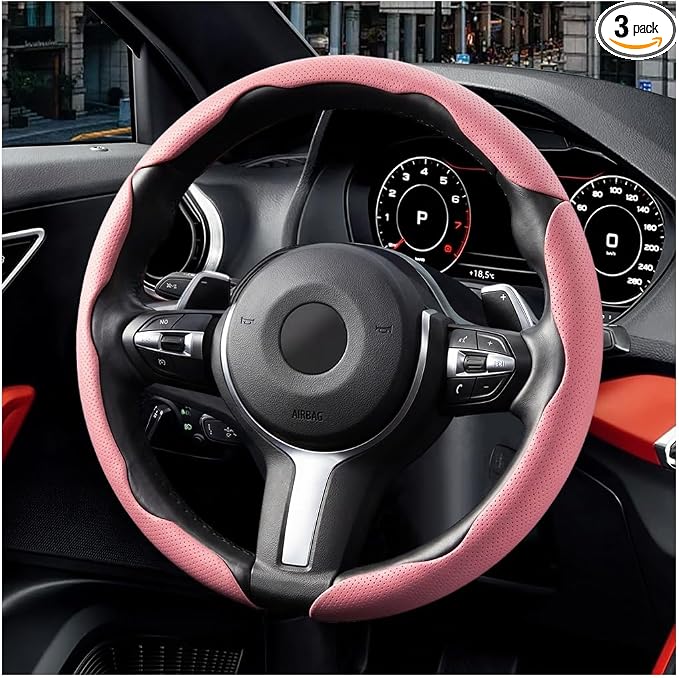 3PCS/Set Car Steering Wheel Cover, Leather Segmented Anti-Slip Automotive Wheel Protector, Soft Breathable Vehicle Steering Protection Covers, Universal Interior Accessories (Pink)