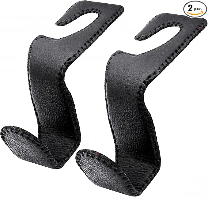 Headrest Hooks for Purses and Bags, 2 Pack Car Seat Hooks for Grocery Bag Handbag, Metal Car Purse Holder Covered by Leather, Black