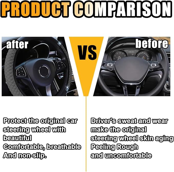 15 Inch Bling Soft Leather Car Steering Wheel Cover, Grey | Colorful Rhinestones Design, Auto Elastic Protector for Women Girls, Crystal Diamond Car Accessories for Most Cars, SUVs