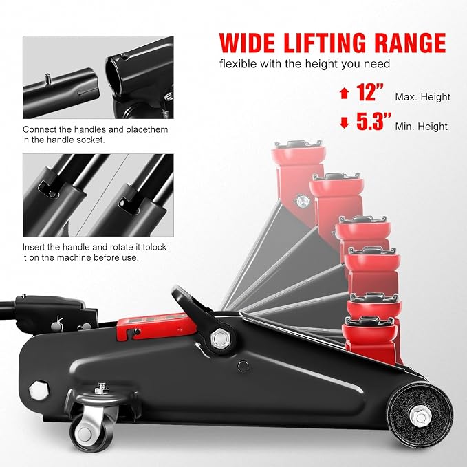DNA Motoring 1.5 Ton Car Floor Jack Low Profile Hydraulic Trolley Service/Floor Jack, 1.5T / 3000 lbs Capacity, Lifting Range 5.3 Inch -12 Inch, with Storage Case, Black, TOOLS-00327-BK