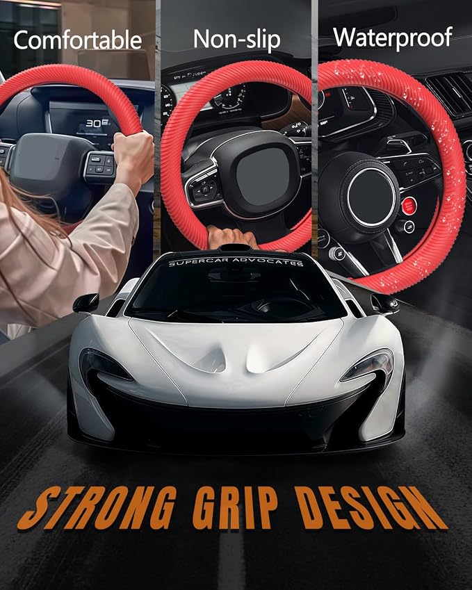 Car Steering Wheel Cover, Thin Anti-Skid Silicone Steering Wheel Cover for Men & Women, Universal Automotive Interior Accessories for Most Cars (Red)