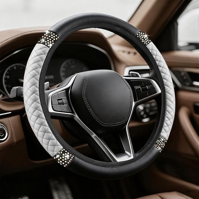 Bling Soft Leather Steering Wheel Cover, Steering Wheel Protector, 15 Inch Rhinestones Car Elastic Protector with Crystal Diamond for Women Girls, Car Accessory for Vehicles (White)