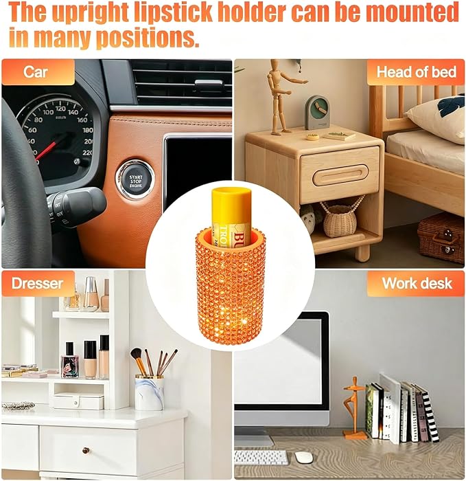 Upright Car Chapstick Holder, Bling Insulating Lip Balm Holder,Rhinestone Car Accessories for Women Interior,Suitable for Most Vehicles. (Orange)