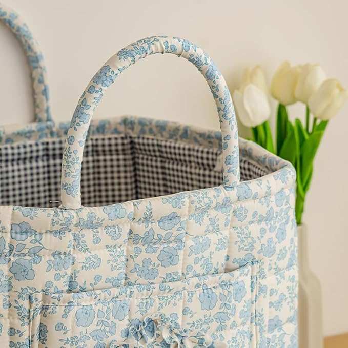 Floral Fabric Storage Basket Car Interior Storage Basket Underwear Sundries Laundry Baskets Supplies Home Organizer Bag (Blue floral A)