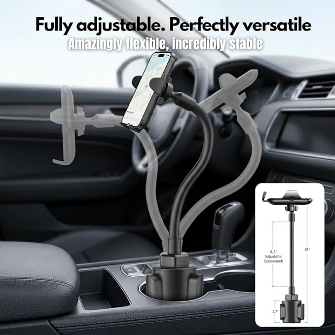 Cup Holder Phone Mount 15 Inch Adjustable Gooseneck Arm for Car | Adjustable long arm and stable cup holder base keep your phone secure, easy to reach, and clear to view while driving