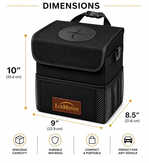 Car Trash Can Premium 3-Gallon Waterproof with Lid, Foldable Leakproof Auto Garbage Bin Organizer with Adjustable Strap, Reflective Interior & Mesh Storage Pockets (Black)