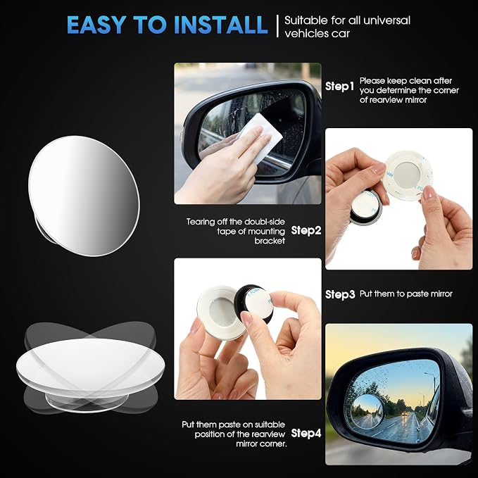 4 Pcs Blind Spot Car Mirror 360 Degree Adjustabe Glass Traffic Safety Rear View Mirror Convex Spot Frameless Adjustable Self Adhesive Angle for Larger Image Exterior Accessories (Round)