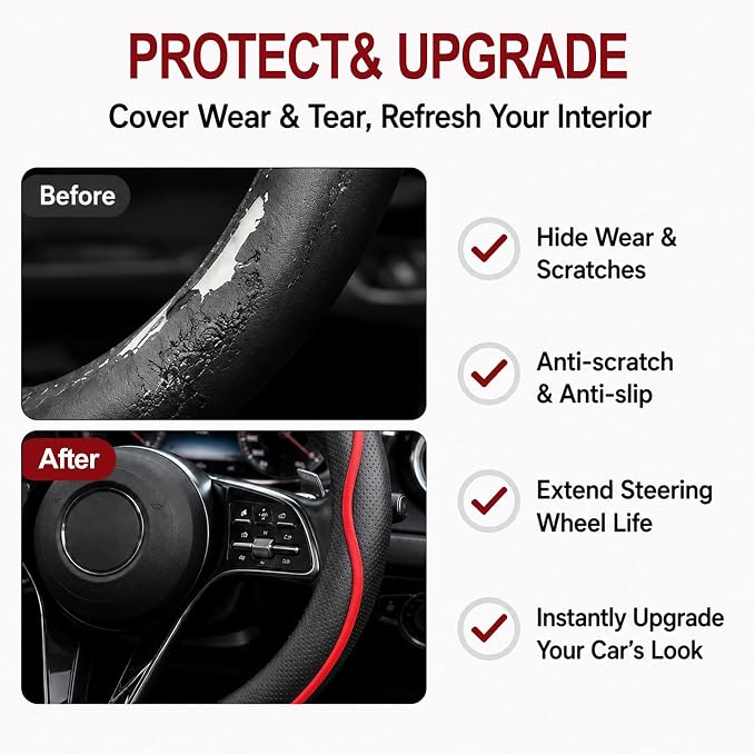 Car Steering Wheel Cover Full Surround - Soft Breathable Anti-Slip Heavyweight Safety Cover, Thick Cushioned Sports Style Universal Fit for Auto Truck SUV (Black/Red)