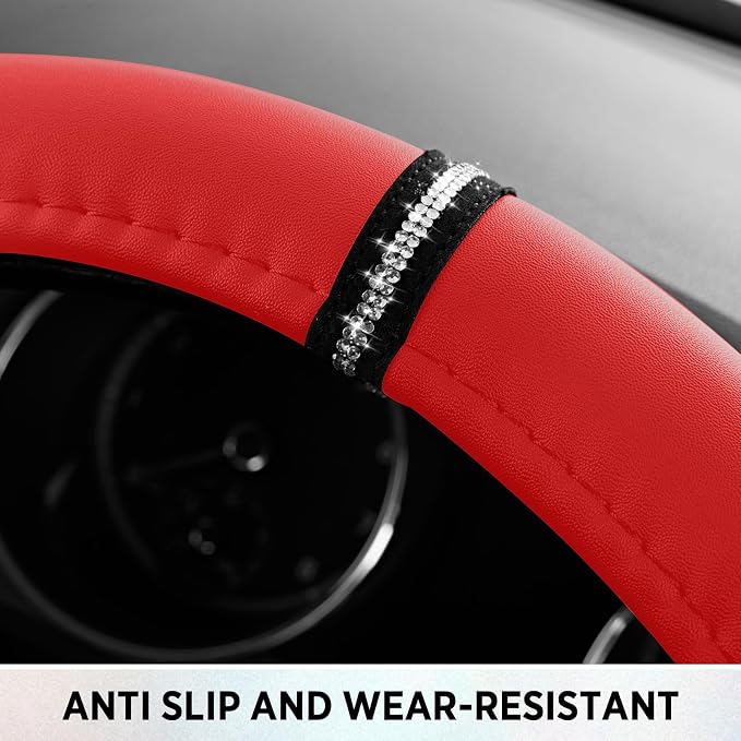 Leopard Steering Wheel Cover for Women, Cute Anti-Slip Microfiber Leather, Fits D Shape Flat Bottom Steering Wheel 14.5-15 Inch - Red