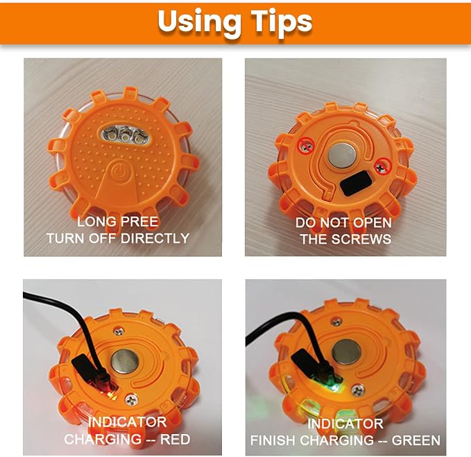 USB-C Rechargeable LED Road Flares Emergency Lights 3 in 1 Cable Roadside Warning Car Safety Beacon Flashing Disc Kit with Magnetic Base for Vehicles
