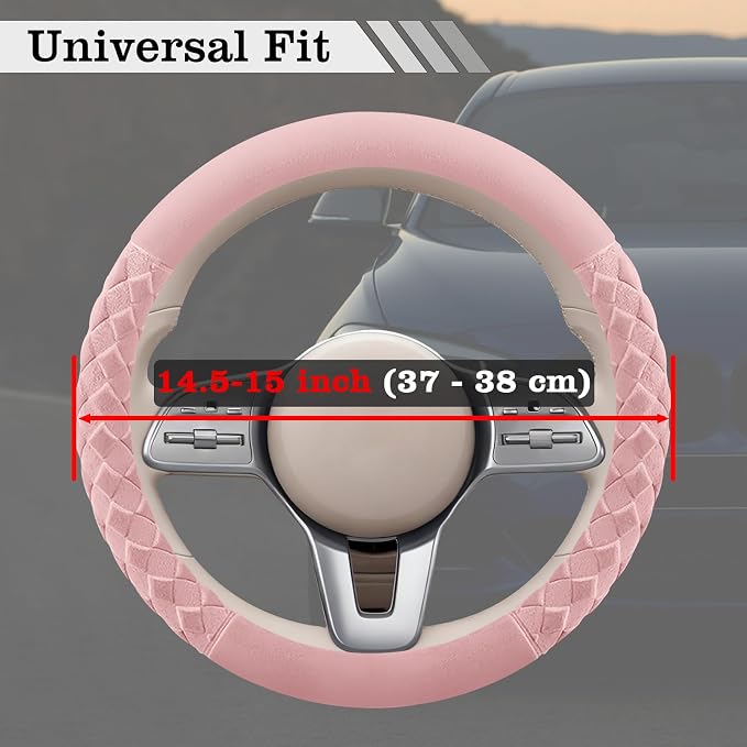 Cherry Blossom Pink Diamond Patterned Plush Steering Wheel Cover, for Universal Auto Steering Wheel 14.5-15 in, Short Fluffy, Anti-Slip, Soft Plush, Comforting and Luxurious, Odorless, Soft Texture