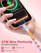 USB A to USB C Cable 6FT,Beaded Charger Cord for iPhone 17 16 Pro Max 17e 15 Car play,Type C Cute Car Charger Cord for iPad 10 11th A16/Samsung S26 S25 S24 S23 FE/Android Phone Girl Women,Blue-Orange