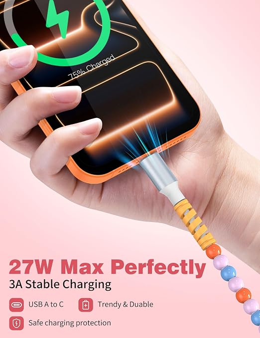 USB A to USB C Cable 6FT,Beaded Charger Cord for iPhone 17 16 Pro Max 17e 15 Car play,Type C Cute Car Charger Cord for iPad 10 11th A16/Samsung S26 S25 S24 S23 FE/Android Phone Girl Women,Blue-Orange