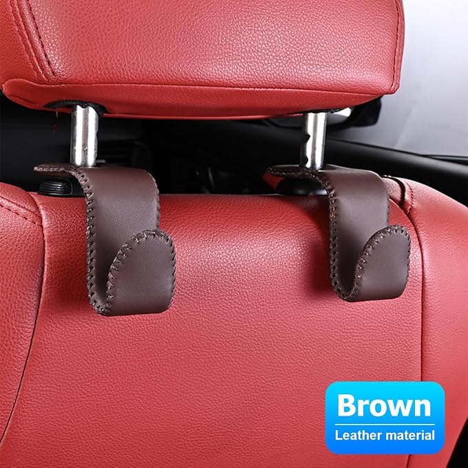 Zpana Car Headrest Hooks, 2PCS Leather U-Shaped Vehicle Purse Storage Hanging Holder for Purses Bags Coats, Automotive Seat Back Storage Organizer Hanger Accessories, Universal Fit (Brown)
