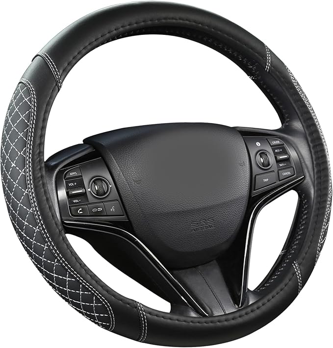 Customized Auto Car Steering Wheel Cover for Toyota Tacoma,4Runner,Tundra,Sequoia,15.5-16 inch(Diamond Quilted-Black+Gray-Large Size)