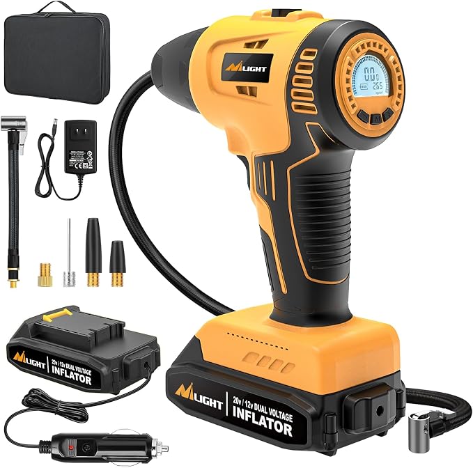 Cordless Tire Inflator Air Compressor Dual Power Supply 20V Rechargeable Battery Powered 150PSI Handheld Air Portable Pump with 12V Adapter Digital Pressure Gauge for Cars Motorcycles