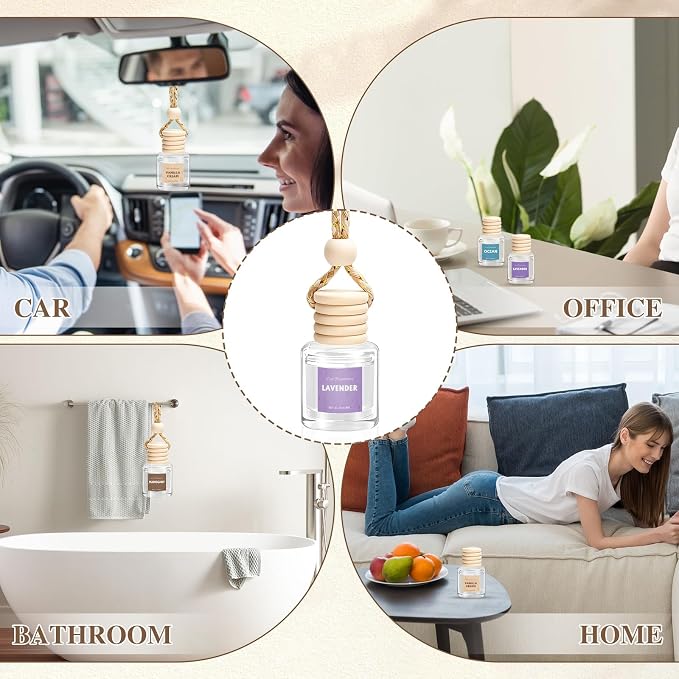 4 Pack Car Air Freshener, Wooden Lid Essential Oil Car Diffuser, Natural Long Lasting Scent for Auto Interior, Mothers Day Gifts for Mom/Women (Mahogany/Lavender/Ocean/Vanilla Cream)