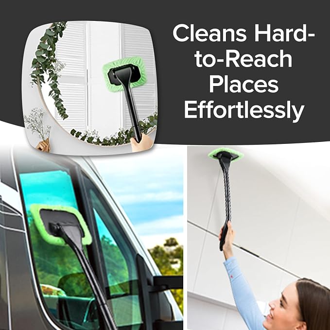 Windshield Wizard Cleaning Tool, AS-SEEN-ON-TV, Cleans Windshields Without Reaching, Microfiber Window Cleaning Device w/Extra Bonnet & Spray Bottle, Long Detachable 16” Handle, Fits in Glovebox